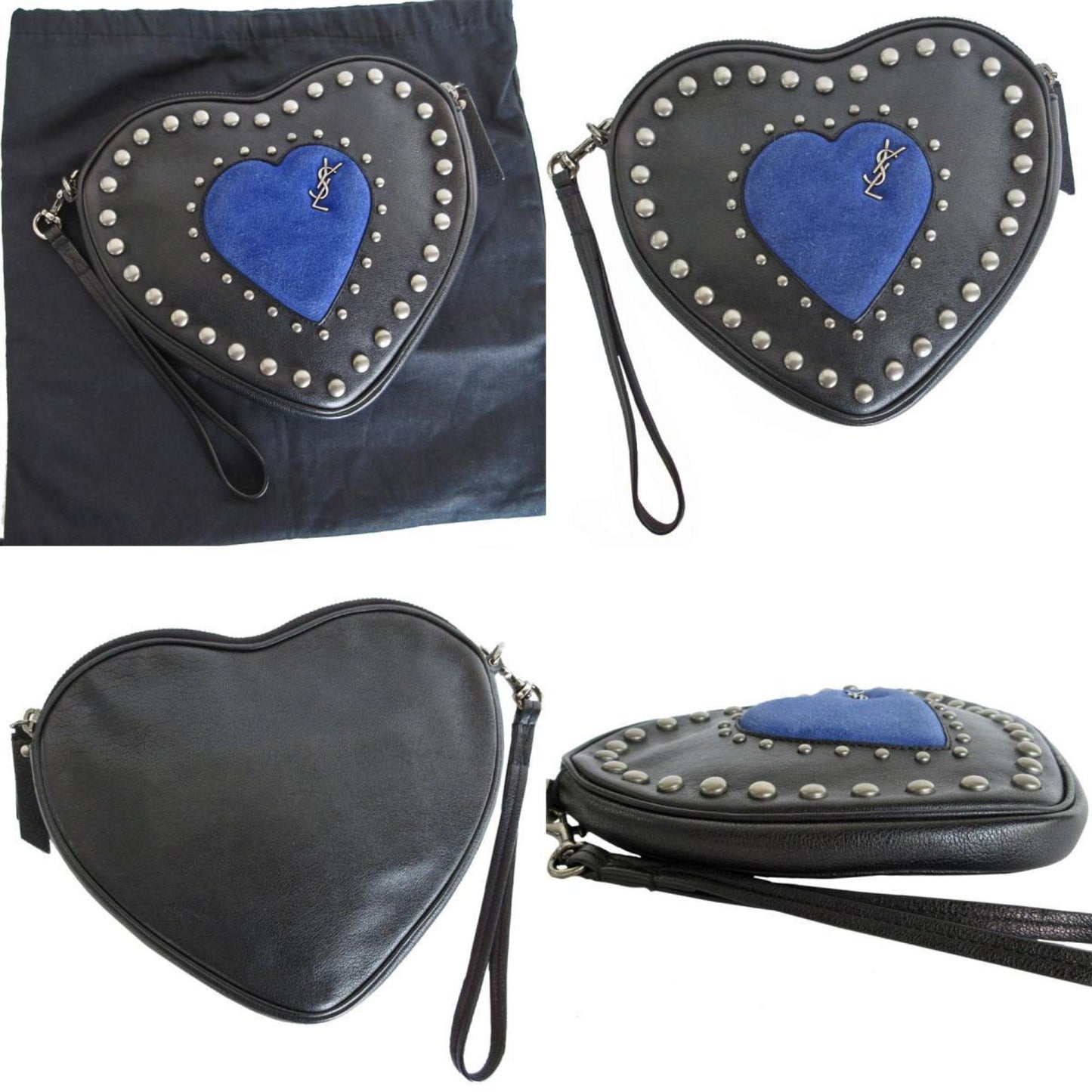 Saint Laurent Black Blue Leather Suede Clutch Bag