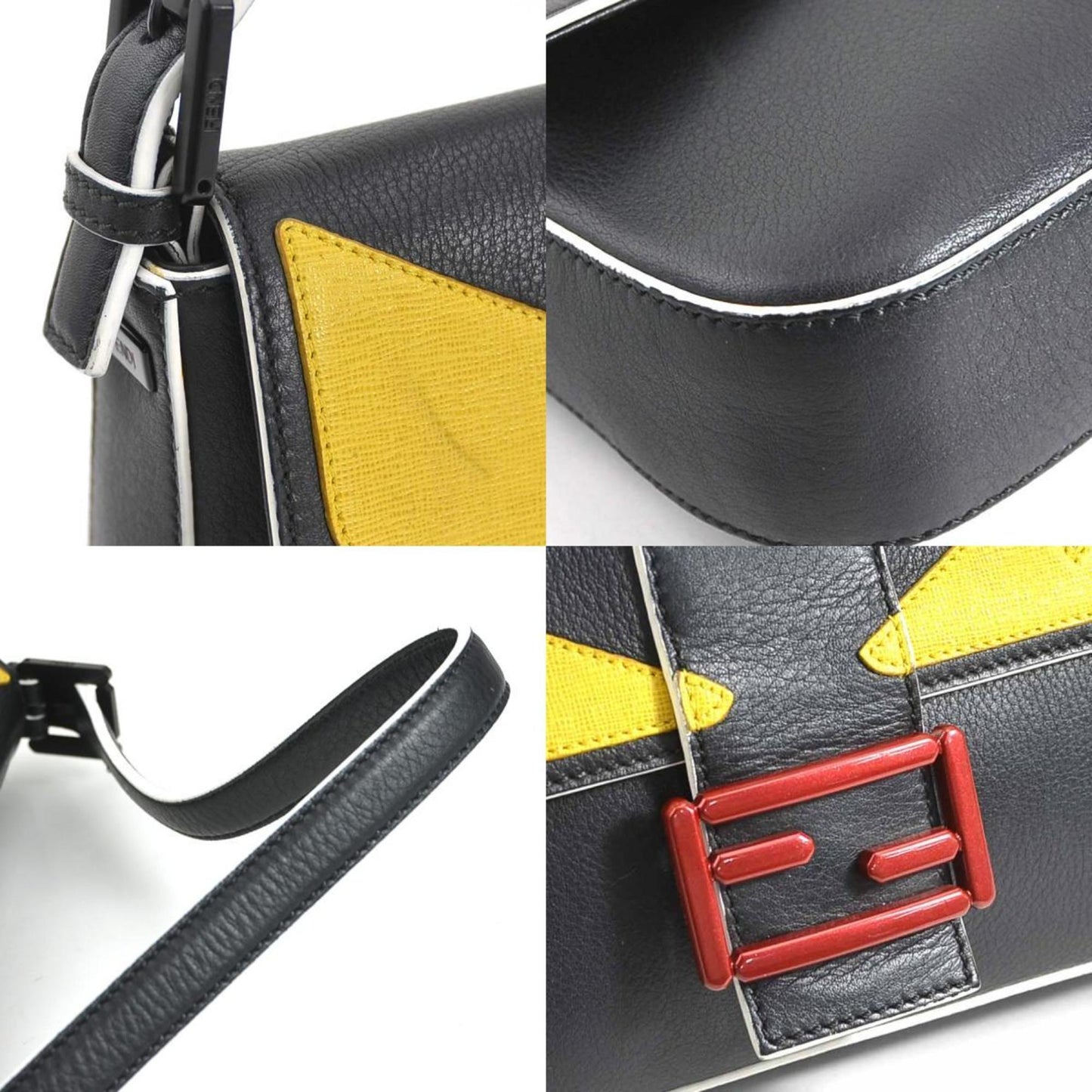 Fendi Black White Yellow Leather Handbag Shoulder Bag