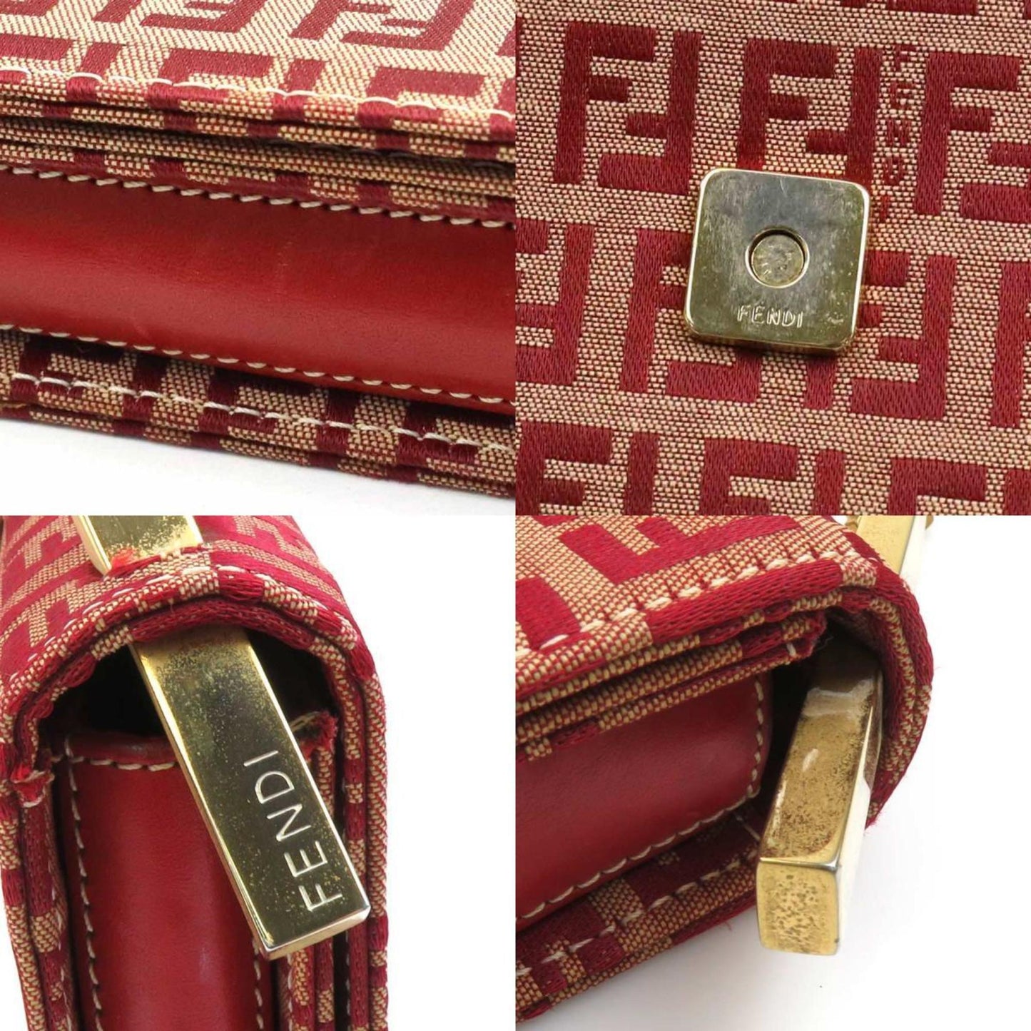 Fendi Beige Red Color Canvas Handbag