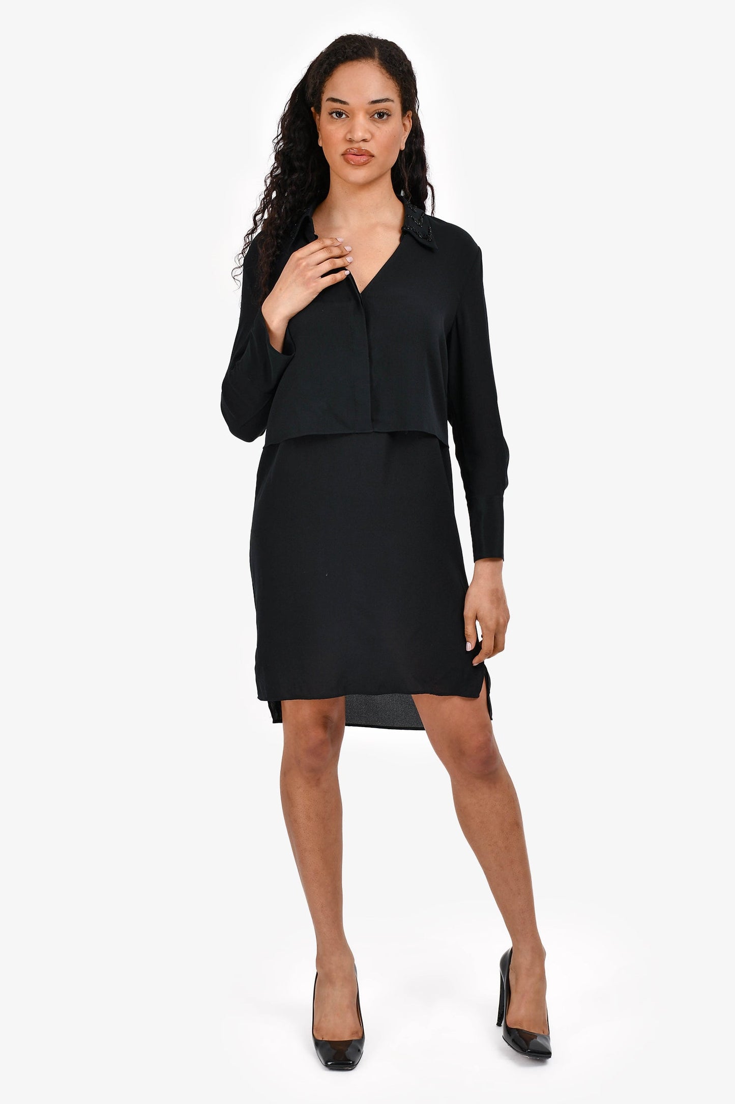 3.1 Phillip Lim Black Silk Embroidered Collar Buttoned Dress Size 6