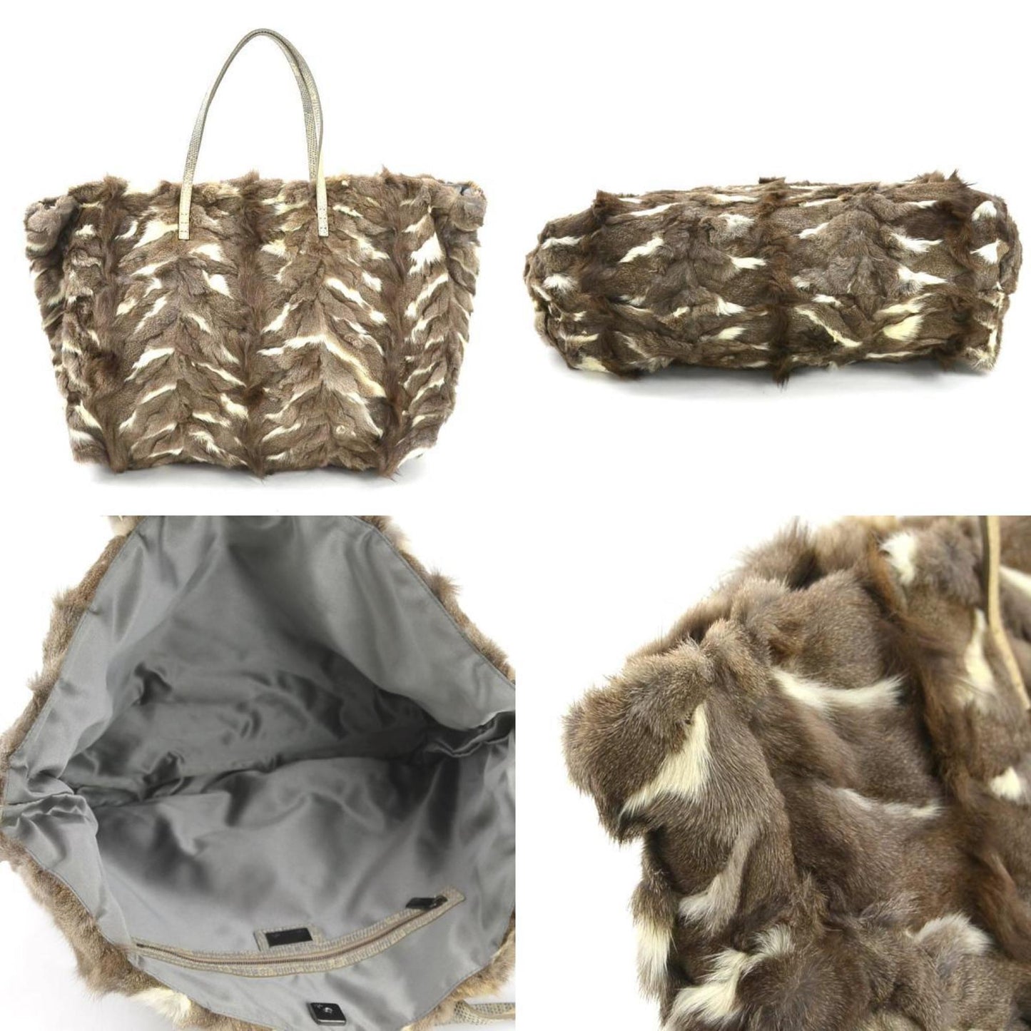 Fendi Gray Brown Off-White Fur Leather Handbag Tote Bag