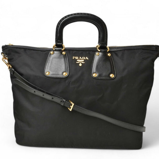 Prada Black Nero Nylon Leather Handbag Shoulder Bag