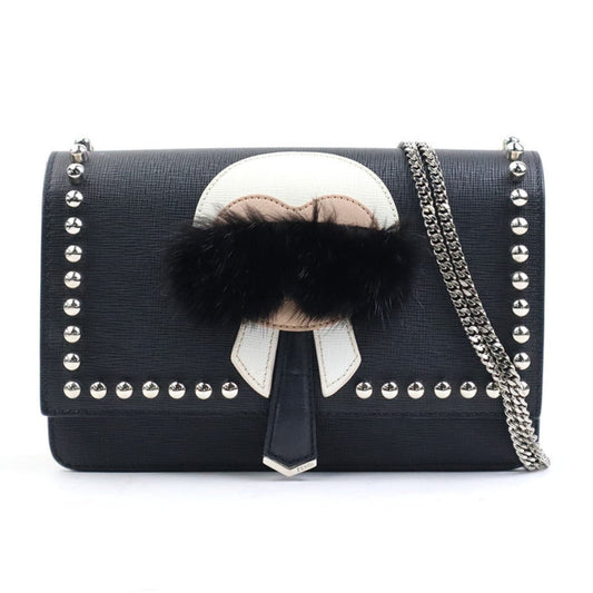 Fendi Black White Leather Fur Shoulder Bag