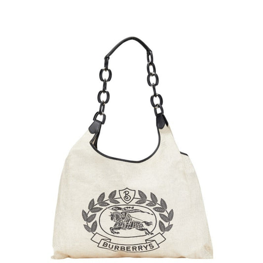 Burberry Beige Black Canvas Leather Tote Bag