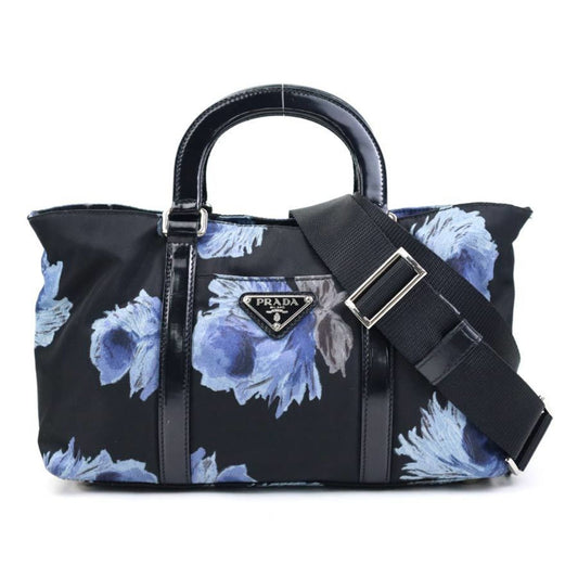 Prada Black Blue Nylon Patent Leather Handbag Shoulder Bag