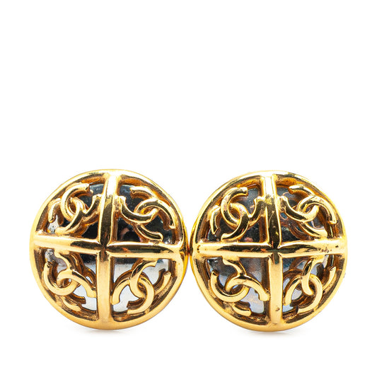 Gold Chanel Gold Plated Faux Pearl CC Round Clip On Earrings