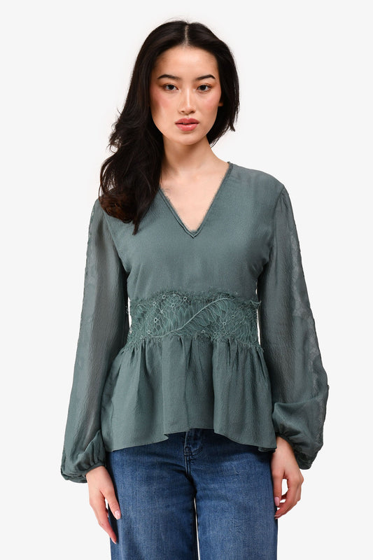 3.1 Phillip Lim Green Lace V Neck Long-Sleeve Top Size 2