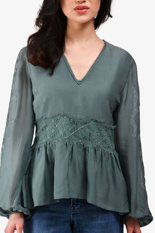 3.1 Phillip Lim Green Lace V Neck Long-Sleeve Top Size 2