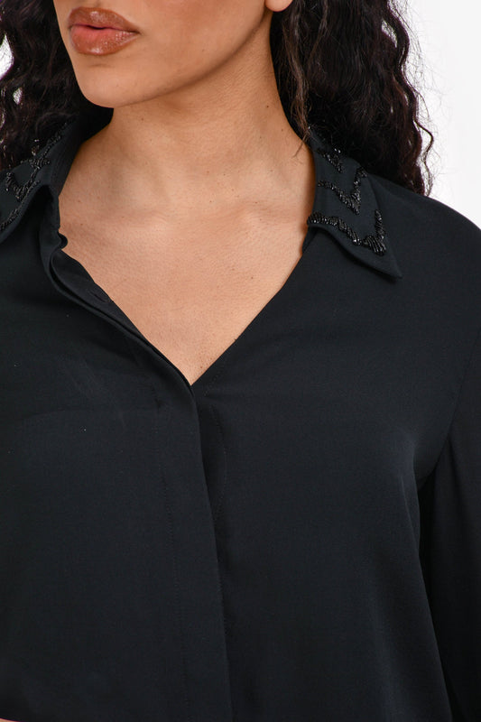 3.1 Phillip Lim Black Silk Embroidered Collar Buttoned Dress Size 6