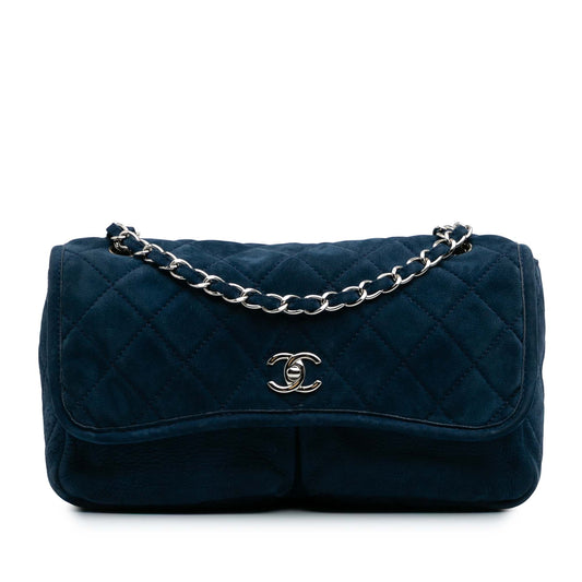 Blue Chanel Medium Quilted Nubuck Natural Beauty Split Pocket Flap Shoulder Bag